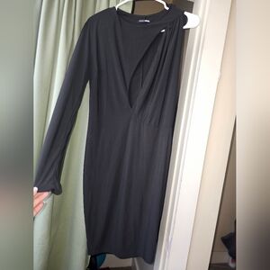 Elegant Black One-Sleeve Midi Dress